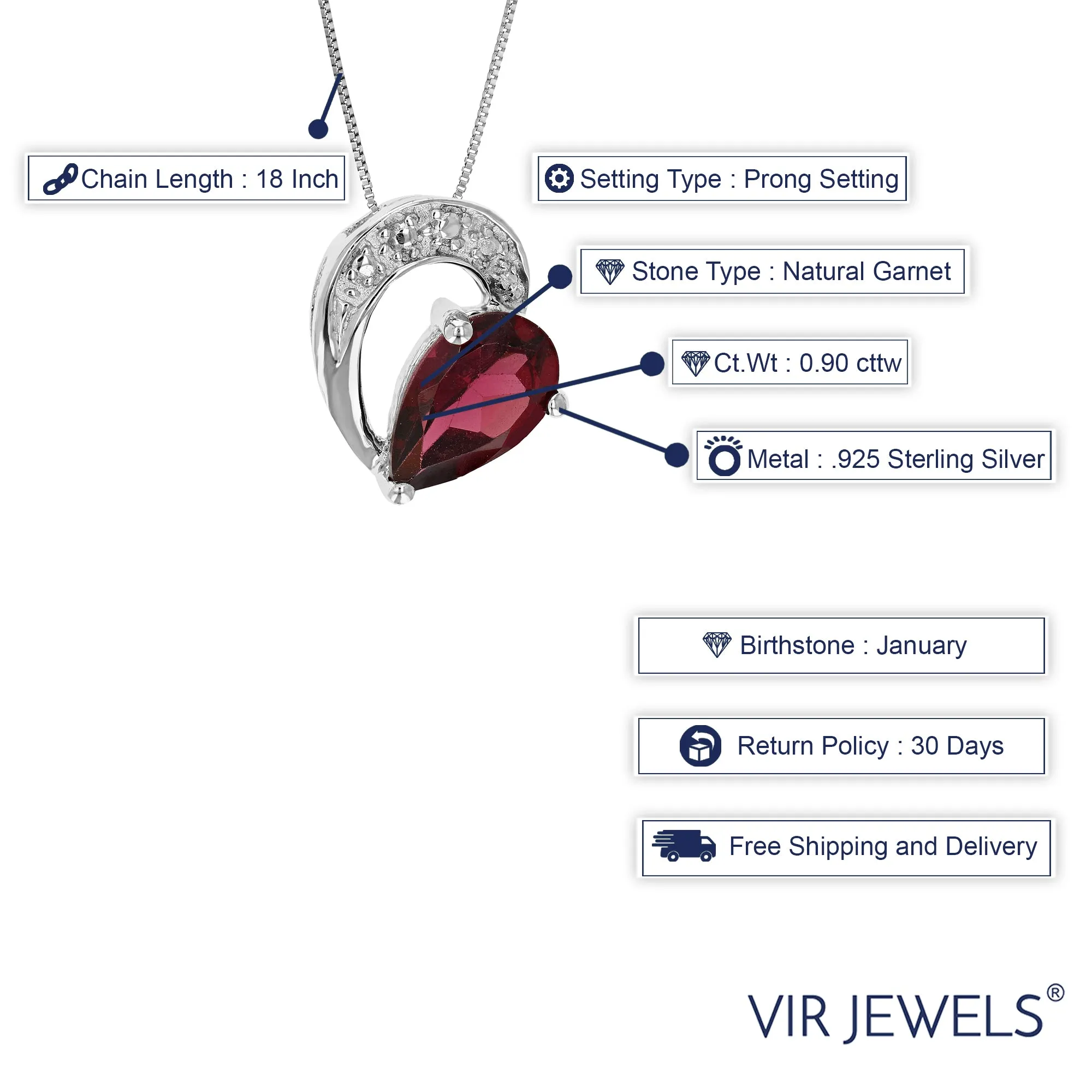 0.90 cttw Garnet Pendant Necklace .925 Sterling Silver With Rhodium 8x6 MM Pear