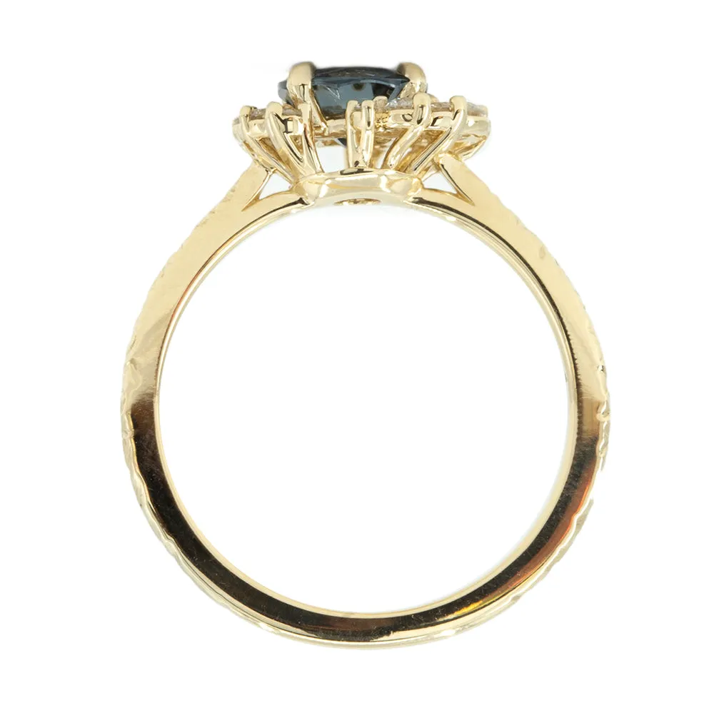 0.94ct Dark Grey and Teal Blue Spinel Asymmetrical Diamond Cluster Ring in 14k Yellow Gold