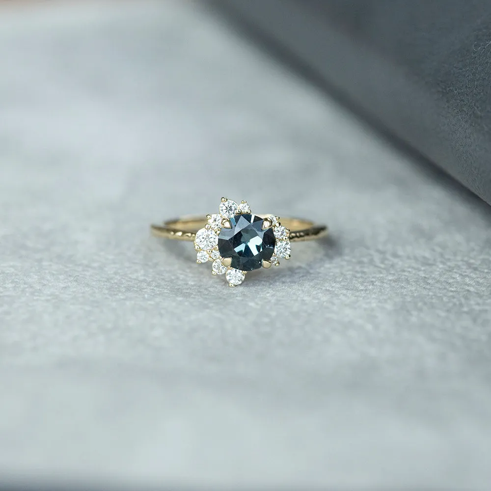 0.94ct Dark Grey and Teal Blue Spinel Asymmetrical Diamond Cluster Ring in 14k Yellow Gold