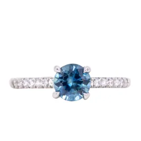 0.96ct Round Blue Sapphire Solitaire with French Set Diamonds In 14K White Gold