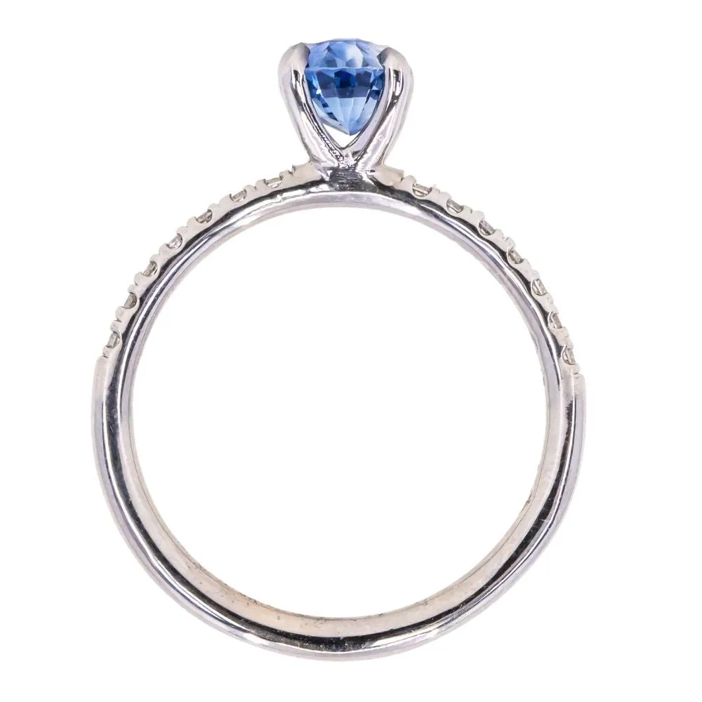 1.12ct Oval Periwinkle Blue Sapphire Solitaire with French Set Diamonds In 14K White Gold