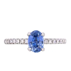 1.12ct Oval Periwinkle Blue Sapphire Solitaire with French Set Diamonds In 14K White Gold