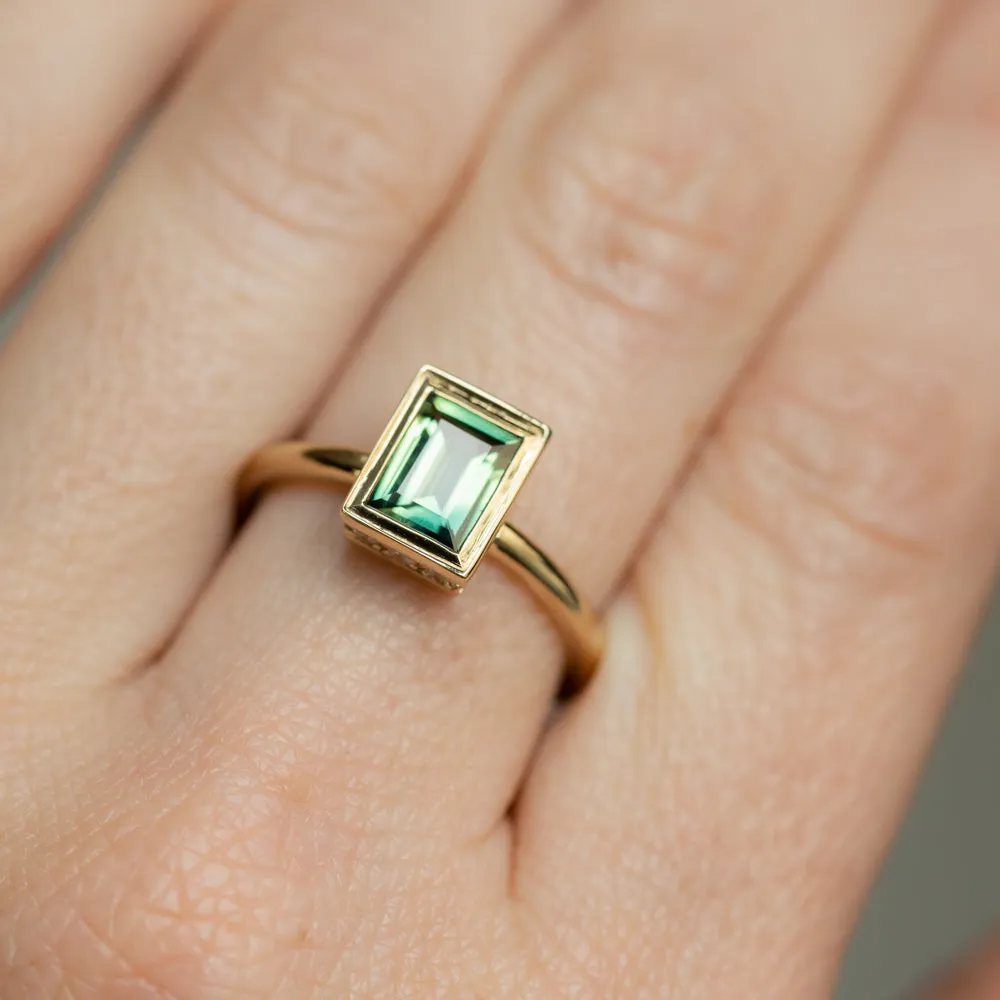 1.16ct Baguette Cut Untreated Nigerian Green Sapphire Low Profile Bezel Hidden Halo Solitaire Ring in 14k Yellow Gold