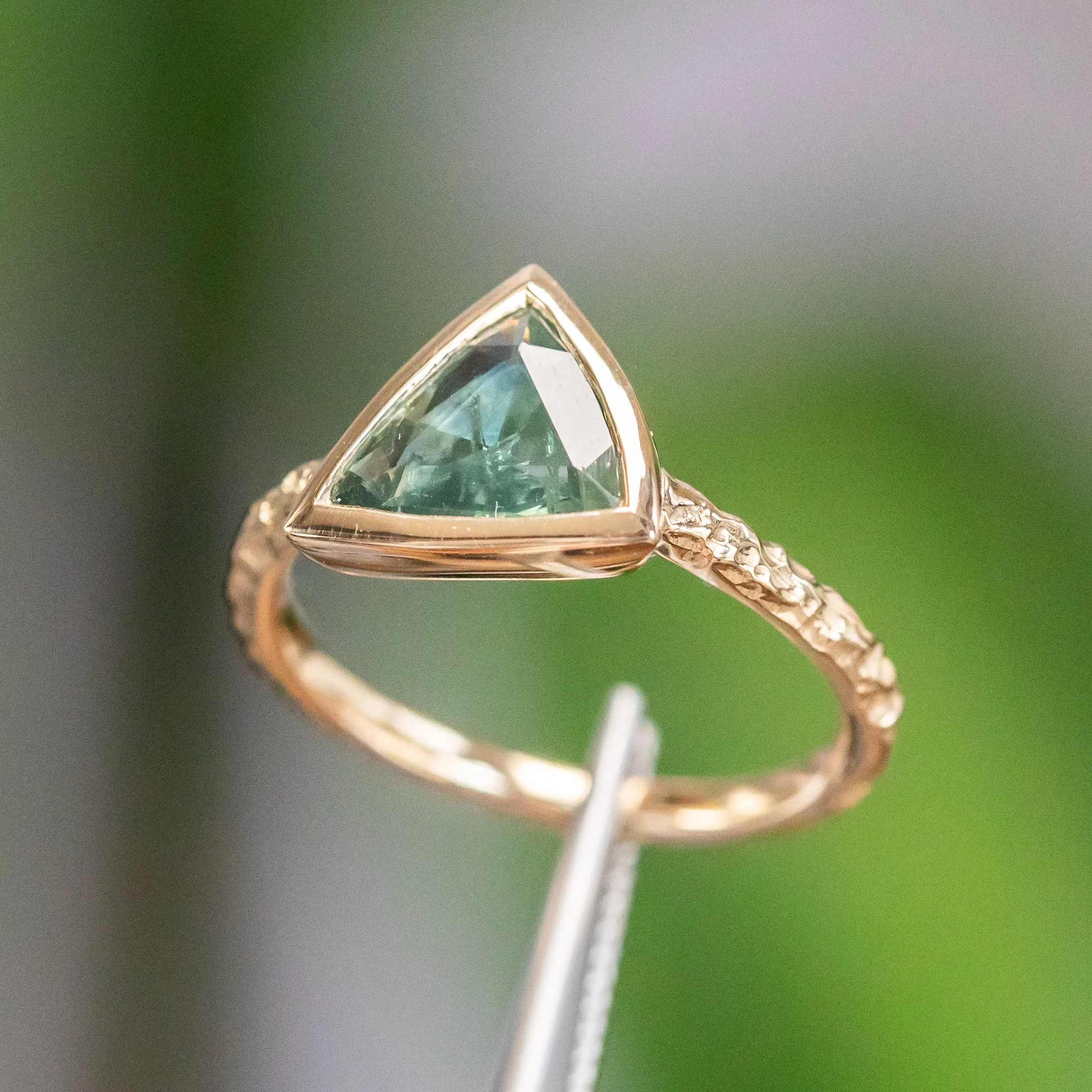 1.24ct Geo Slice Teal Green Sapphire Evergreen Low Profile Bezel Solitaire Ring in 14k Yellow Gold