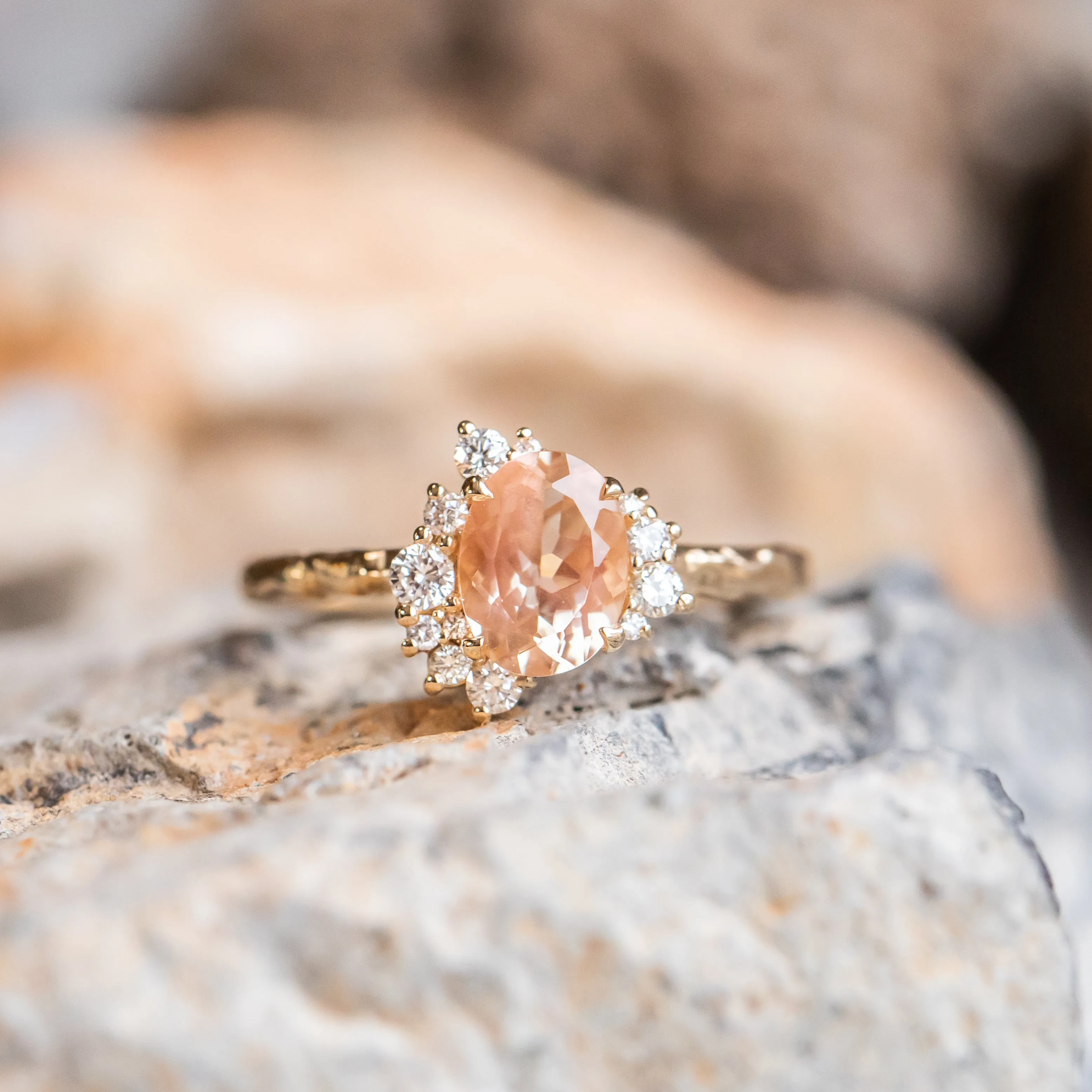 1.25ct Oval Sunstone Asymmetrical Evergreen Cluster Ring In 14k Yellow Gold