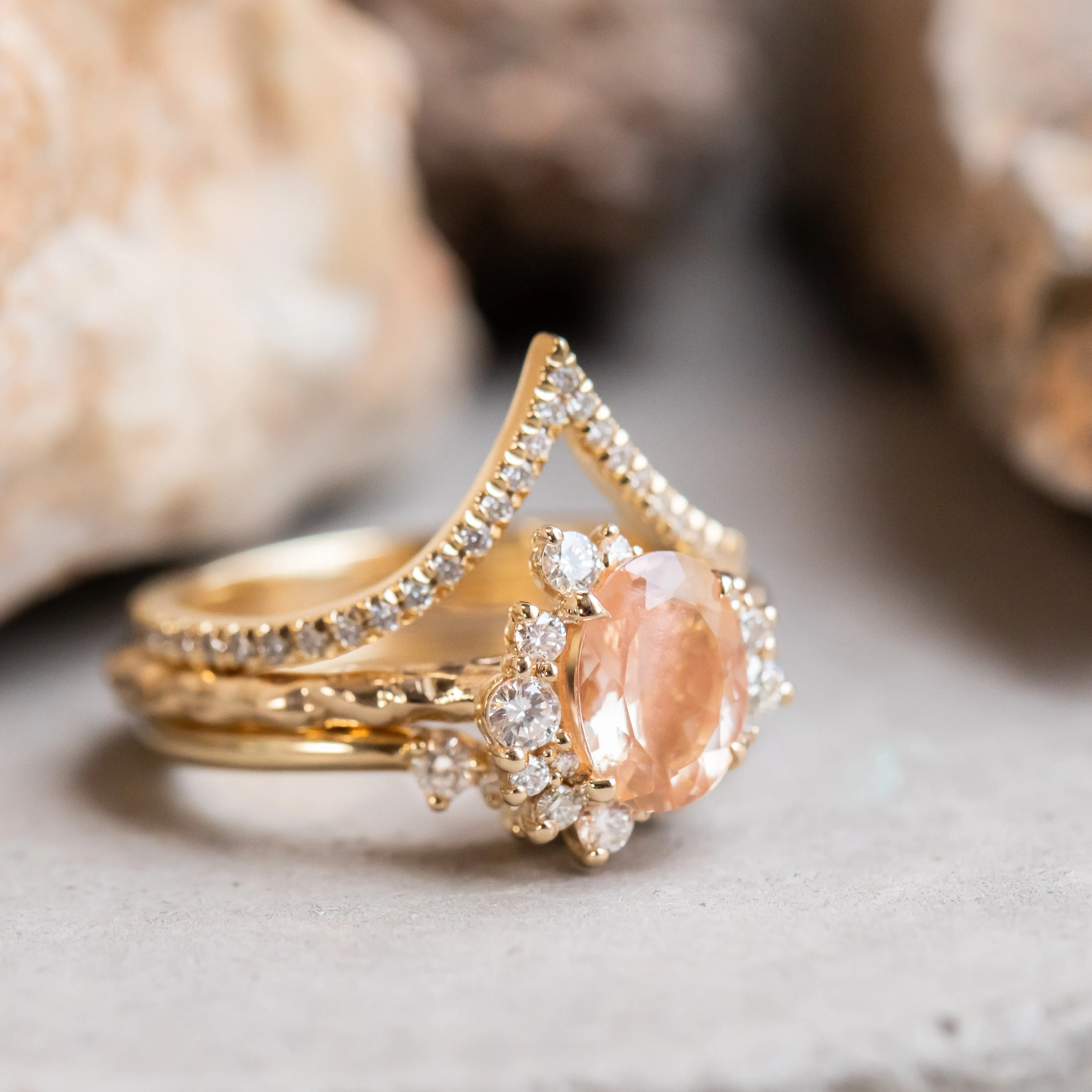 1.25ct Oval Sunstone Asymmetrical Evergreen Cluster Ring In 14k Yellow Gold