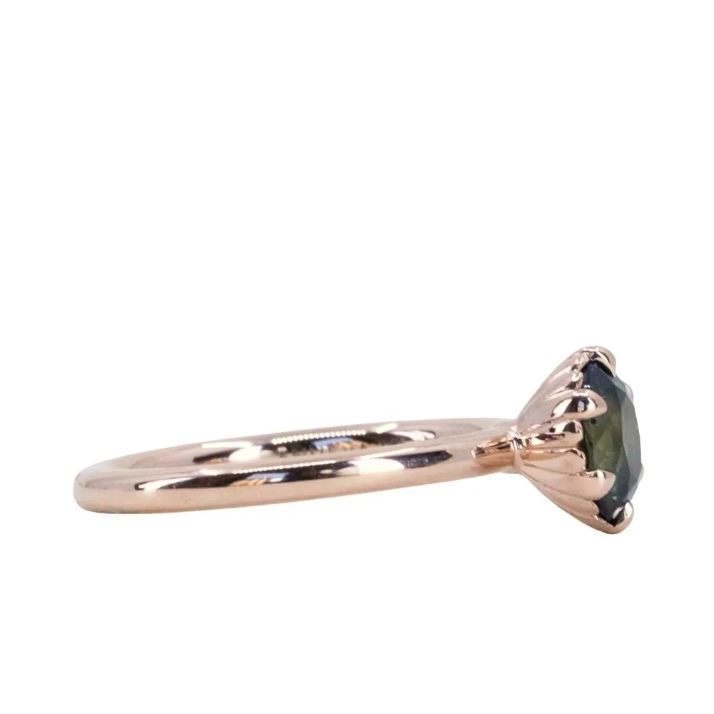 1.32ct Oval Parti Green Untreated Sapphire Scallop Cup Solitaire in 14k Rose Gold