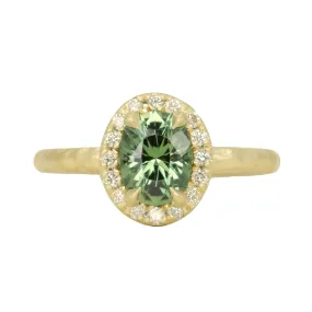 1.38ct Oval Green Montana Sapphire 18k Yellow Satin Evergreen Halo Ring