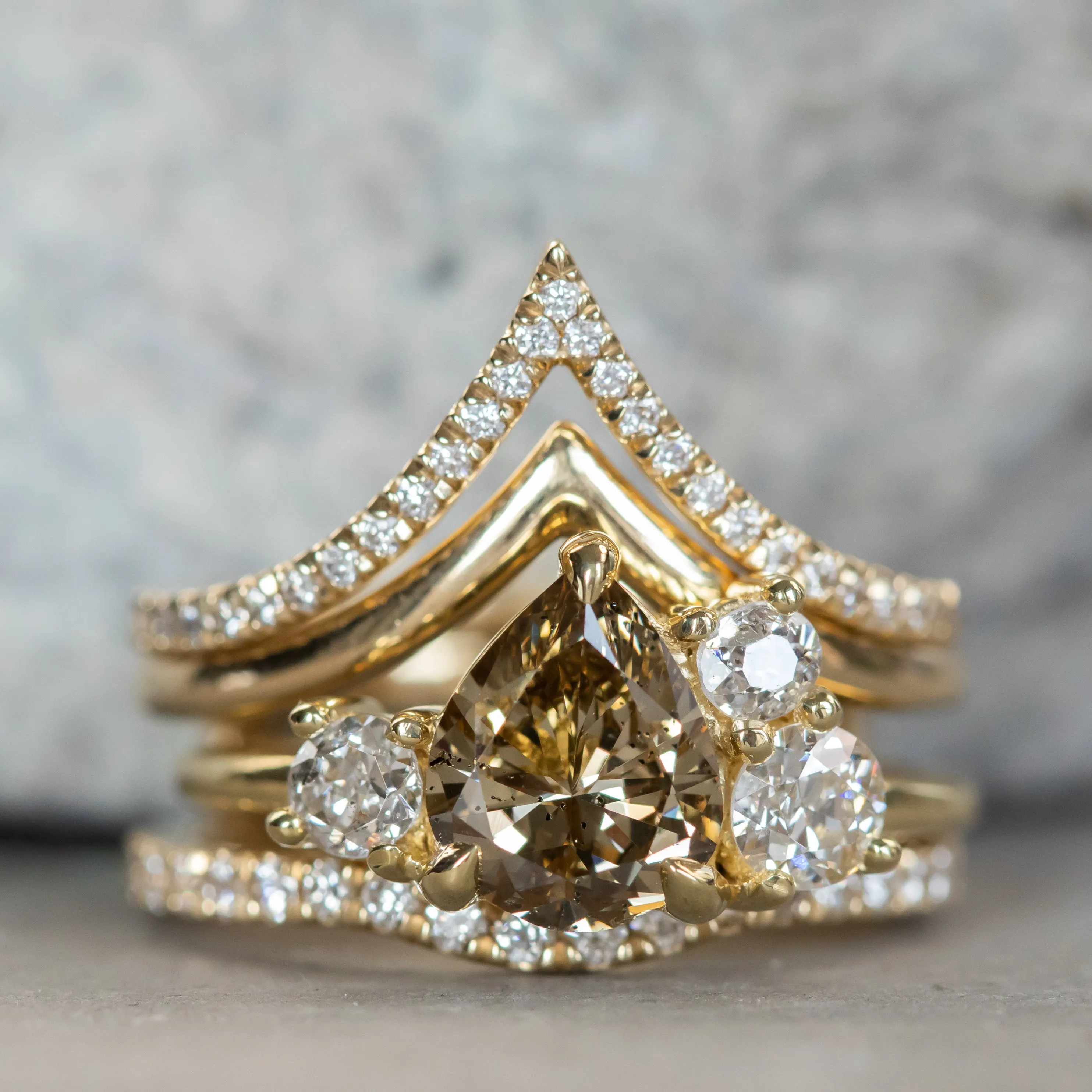 1.47ct Pear Champagne Diamond Low Profile Antique Diamond Cluster Ring in 18K Yellow Gold