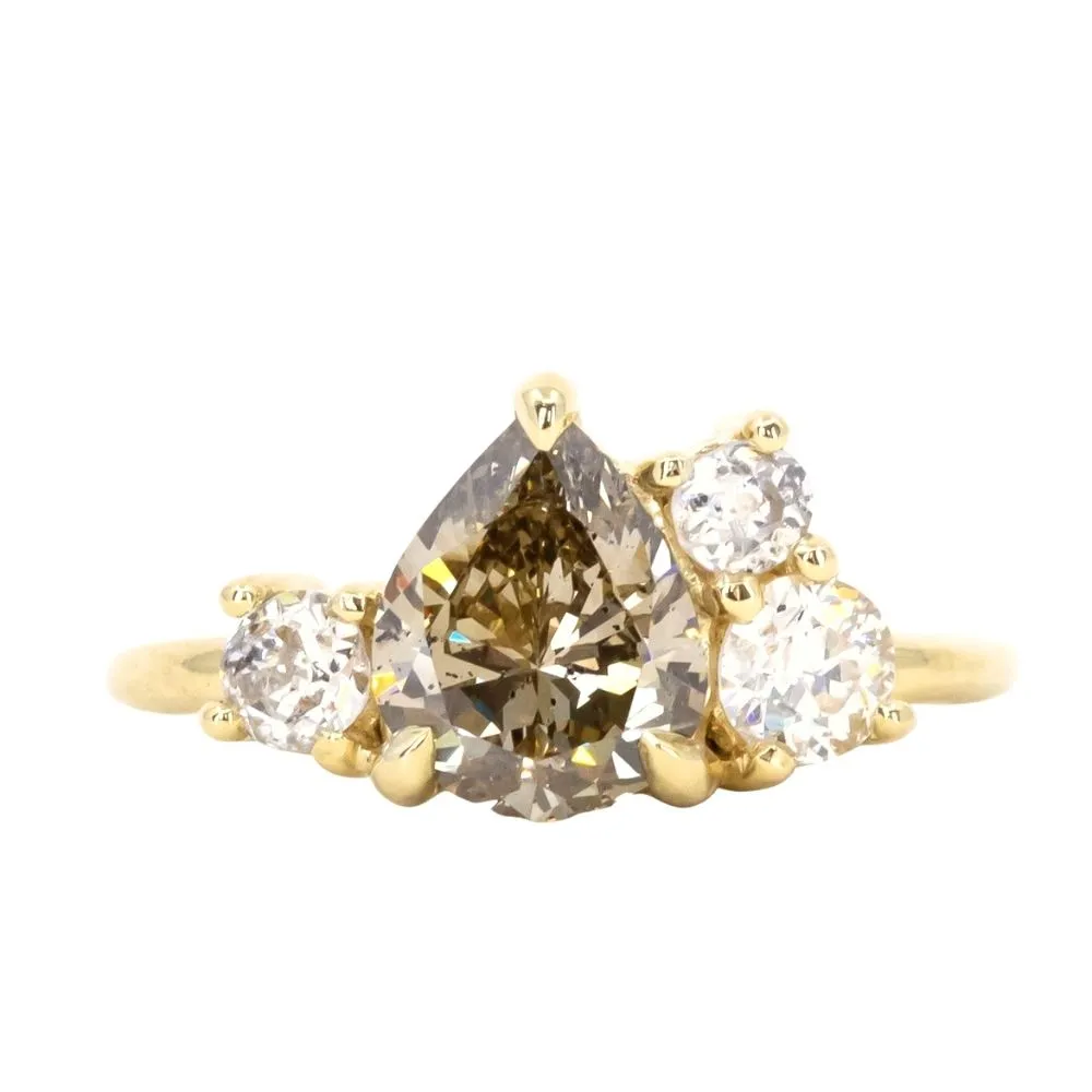 1.47ct Pear Champagne Diamond Low Profile Antique Diamond Cluster Ring in 18K Yellow Gold