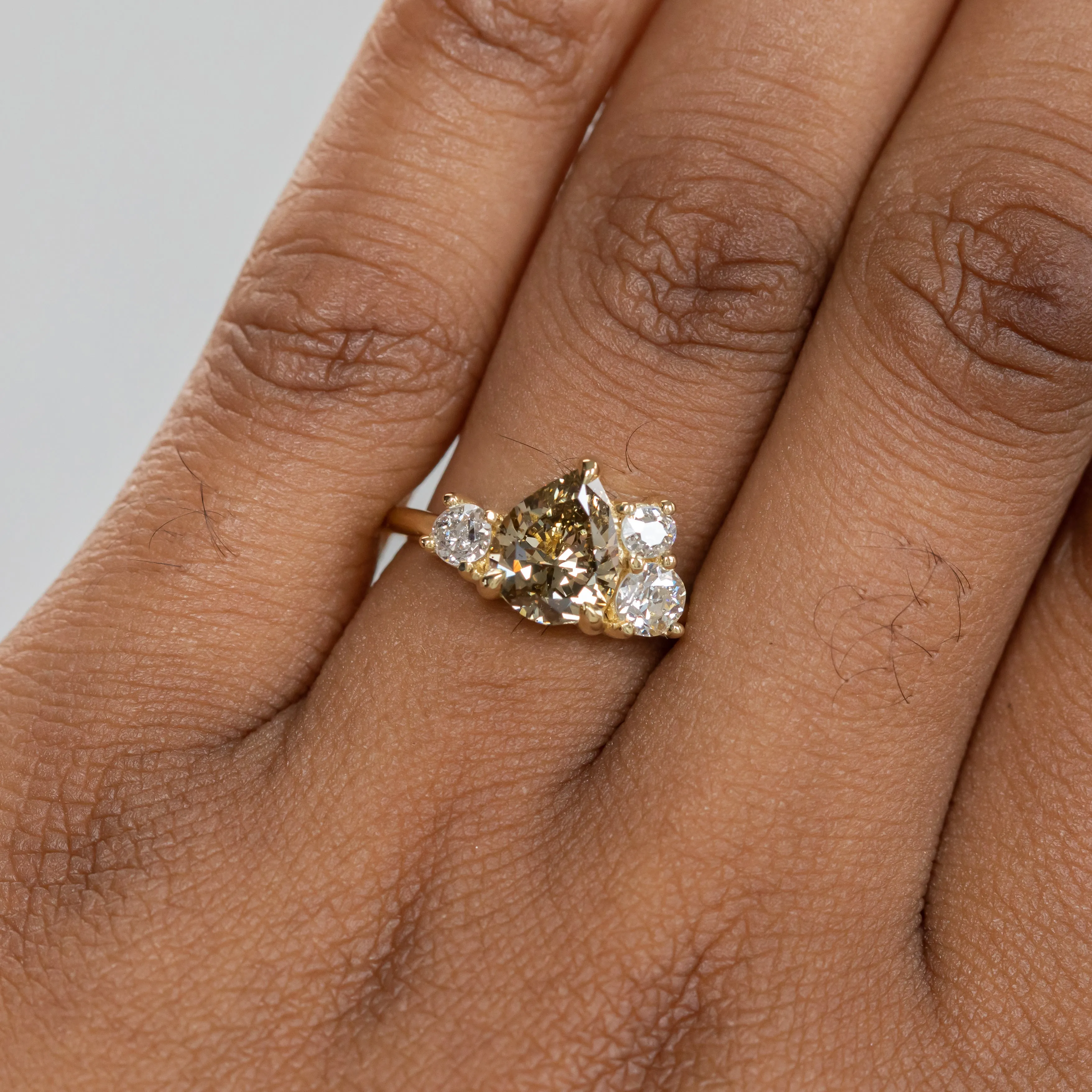 1.47ct Pear Champagne Diamond Low Profile Antique Diamond Cluster Ring in 18K Yellow Gold