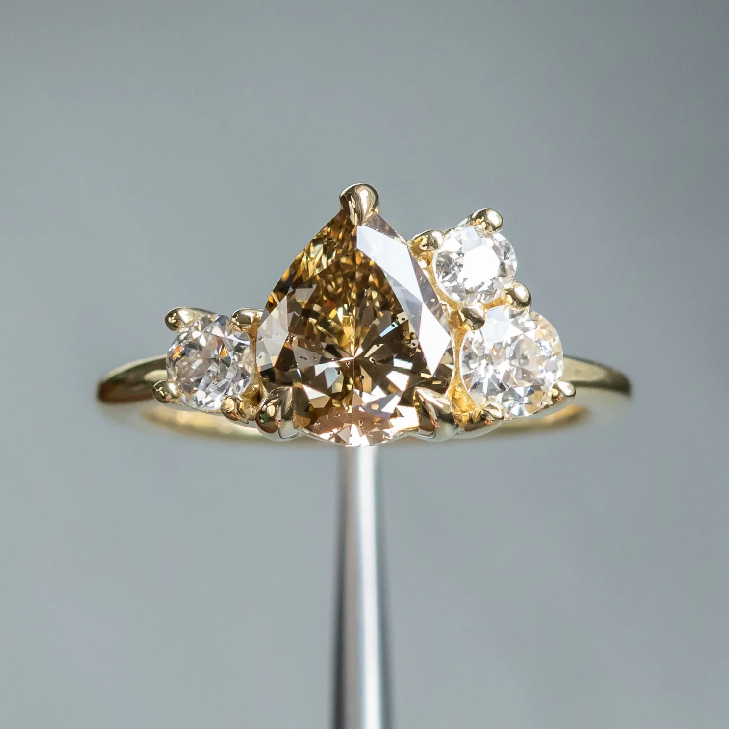 1.47ct Pear Champagne Diamond Low Profile Antique Diamond Cluster Ring in 18K Yellow Gold