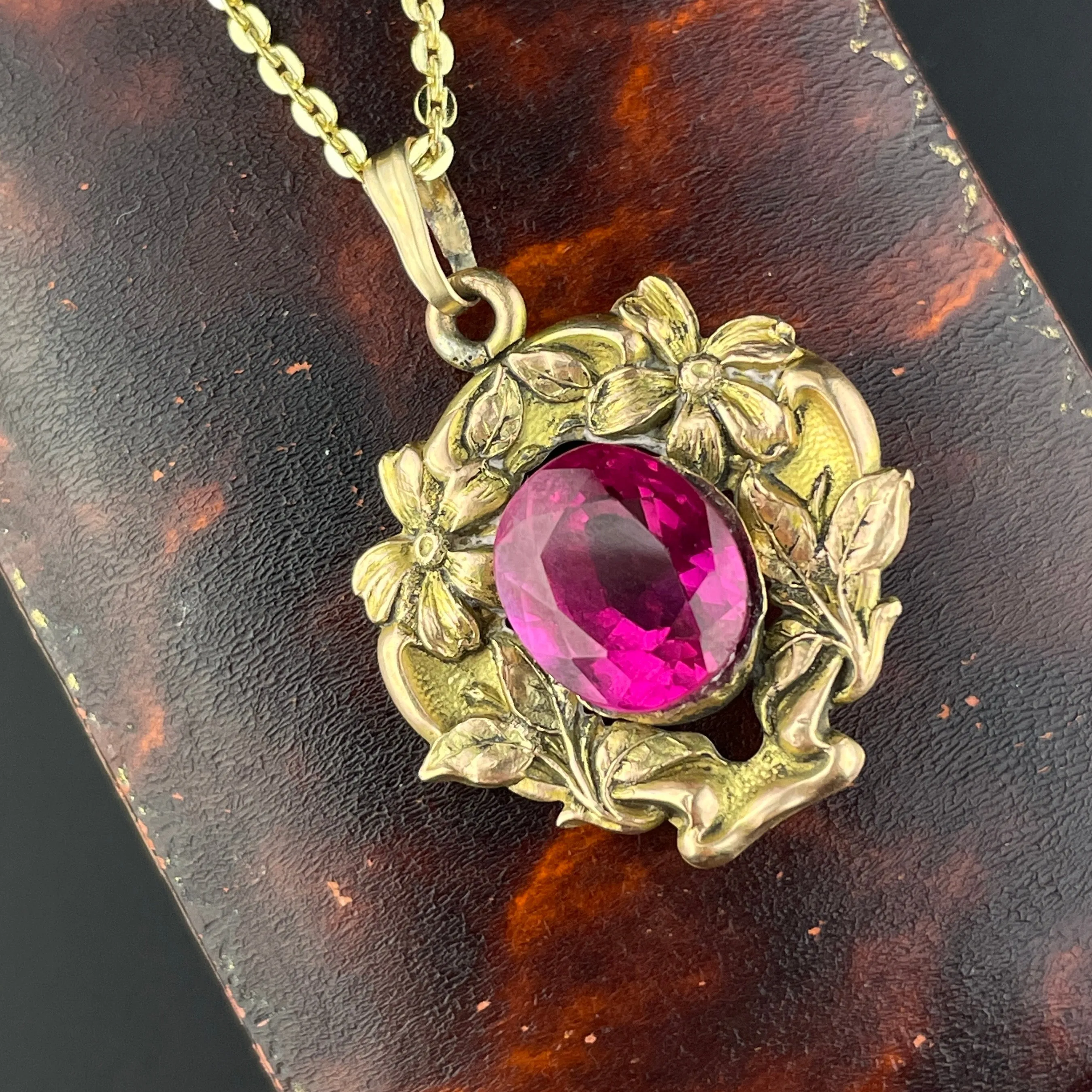 14K Gold Art Nouveau Forget Me Not Ruby Pendant Necklace