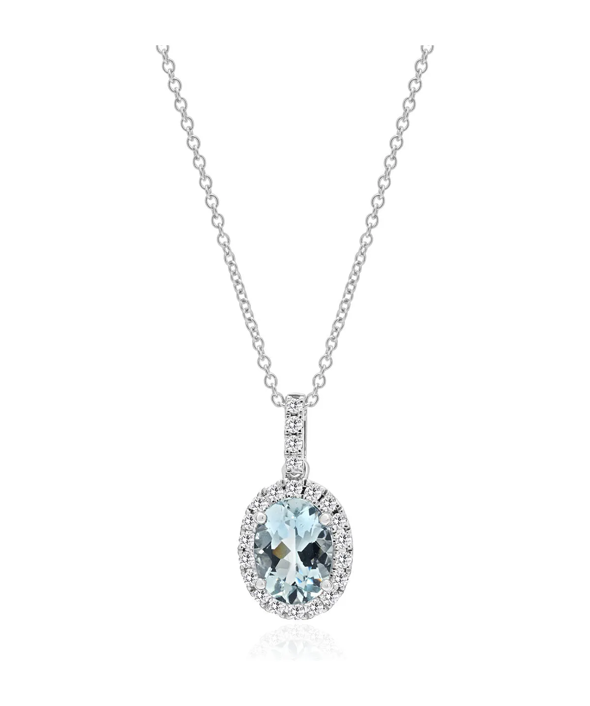 14K White Gold Oval Aquamarine and Diamond Halo Pendant