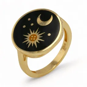 14K Yellow Gold Sun and Moon Black Enamel Ring-1011