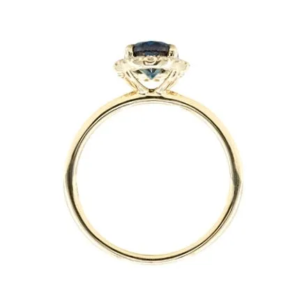 1.55ct Oval Blue Nigerian Sapphire and Diamond Four Prong Halo Ring in 14k Yellow Gold