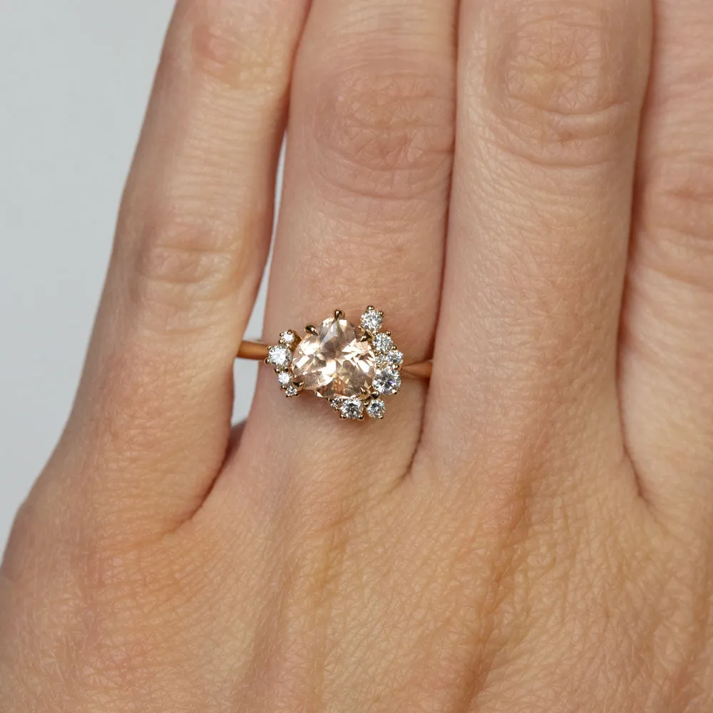 1.64ct Peach Sapphire and Asymmetrical Diamond Cluster Ring in 14k Yellow Gold