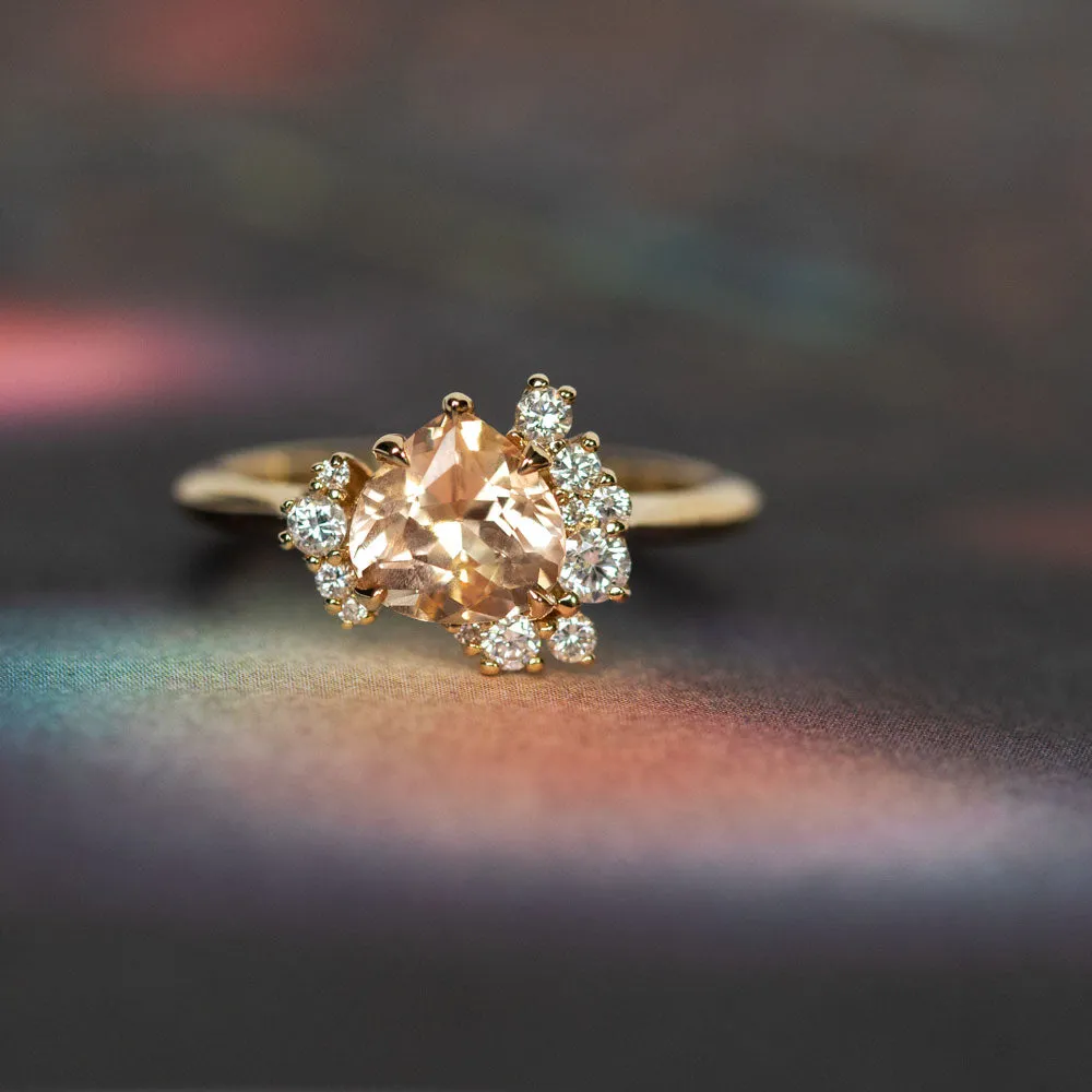 1.64ct Peach Sapphire and Asymmetrical Diamond Cluster Ring in 14k Yellow Gold