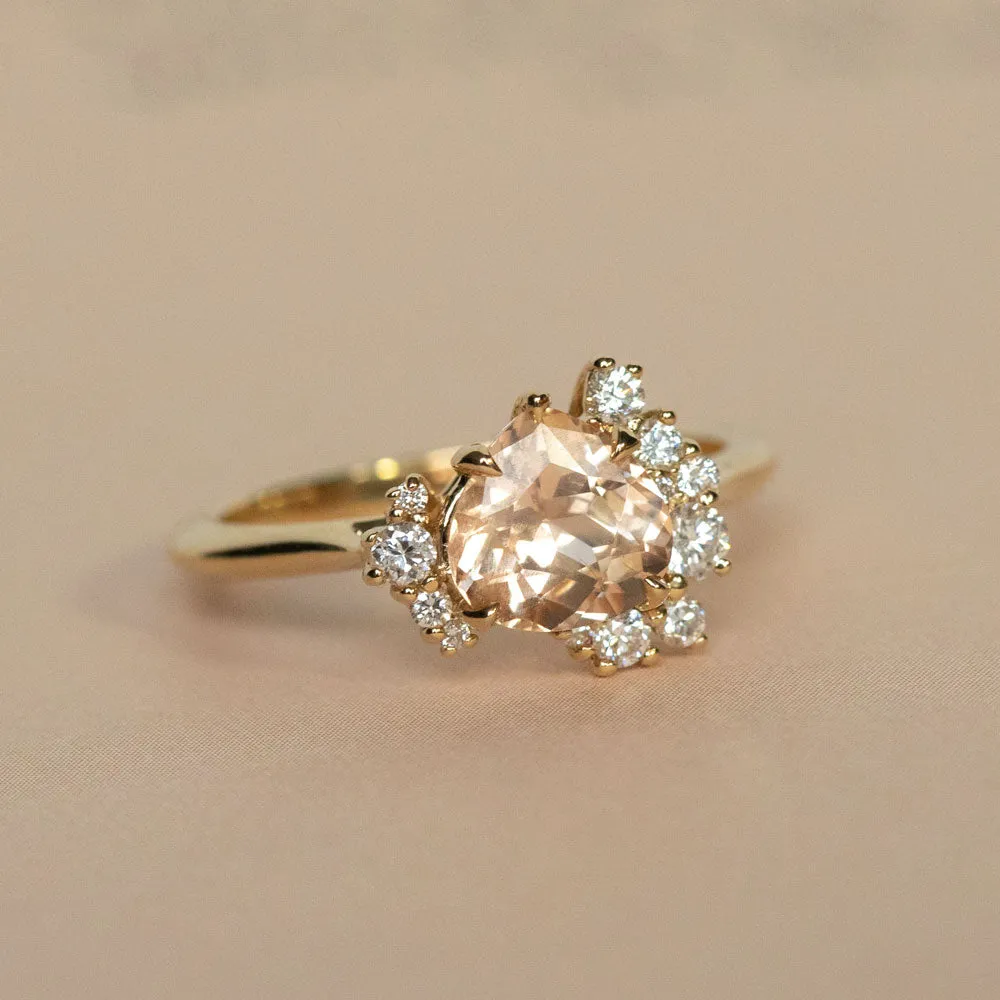 1.64ct Peach Sapphire and Asymmetrical Diamond Cluster Ring in 14k Yellow Gold