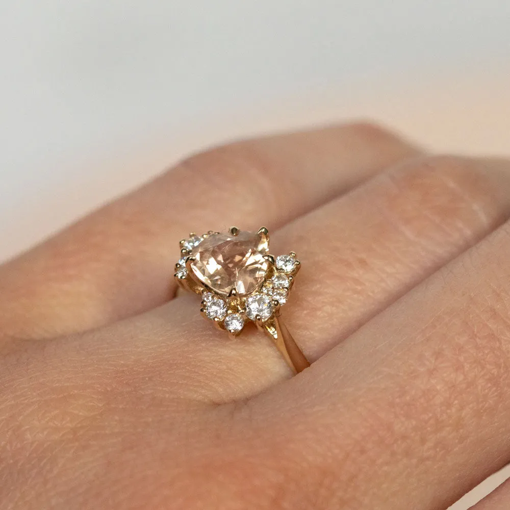 1.64ct Peach Sapphire and Asymmetrical Diamond Cluster Ring in 14k Yellow Gold