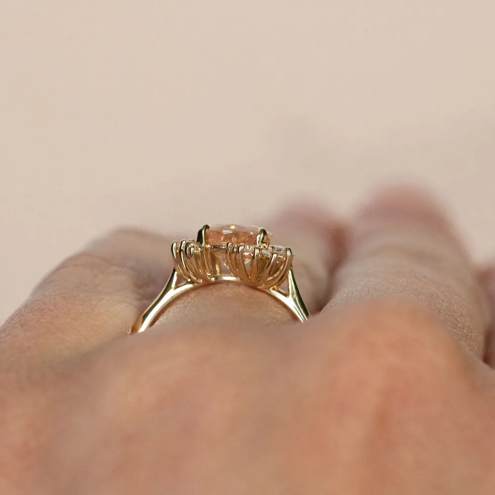 1.64ct Peach Sapphire and Asymmetrical Diamond Cluster Ring in 14k Yellow Gold