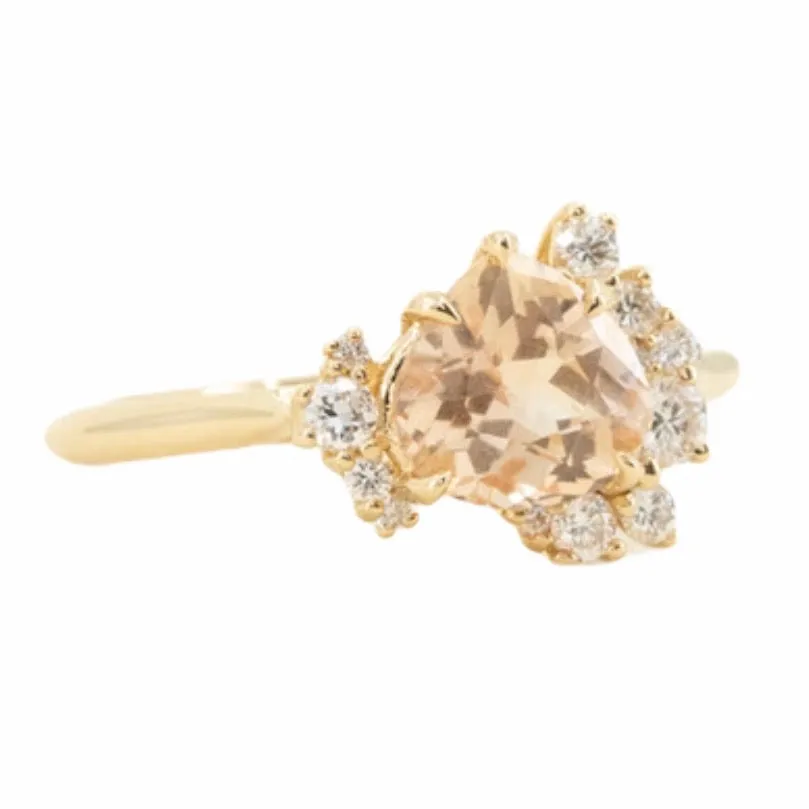 1.64ct Peach Sapphire and Asymmetrical Diamond Cluster Ring in 14k Yellow Gold