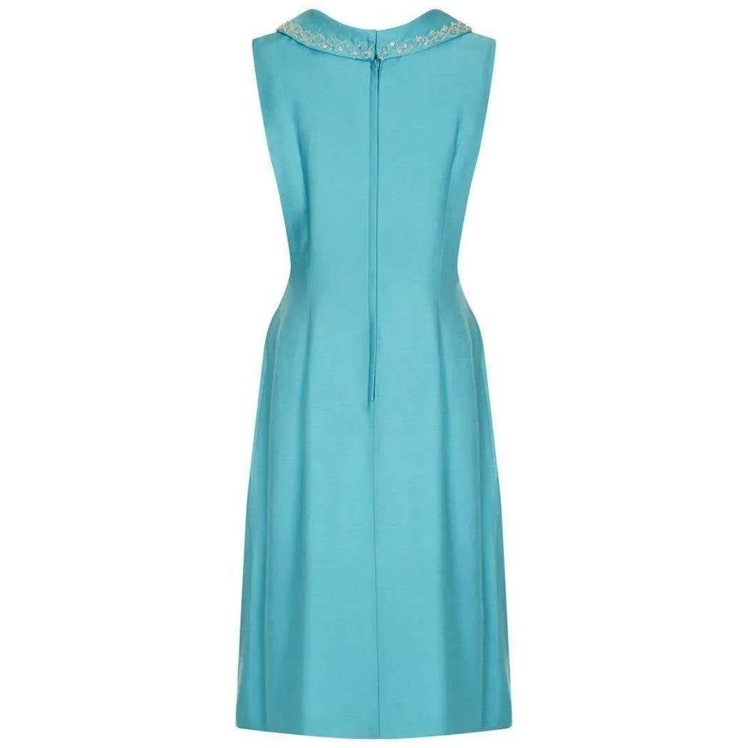 1960s Turquoise Linen Mod Dress With Beaded Collar