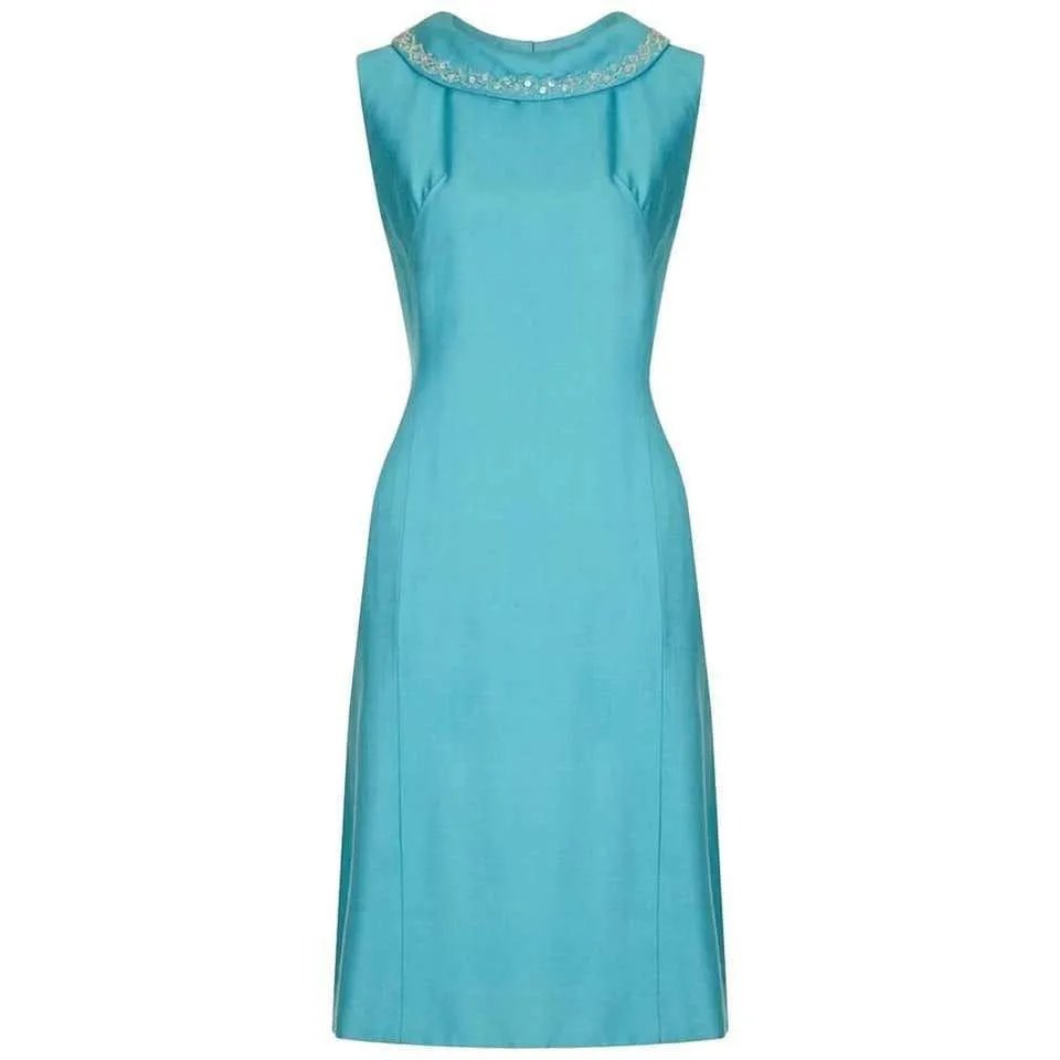 1960s Turquoise Linen Mod Dress With Beaded Collar