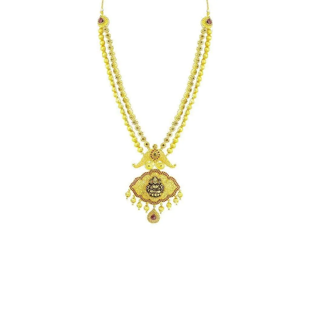 22K Yellow Gold Necklace & Earrings Set W/ CZ, Rubies, Emeralds on Laxmi & Third Eye Pendant