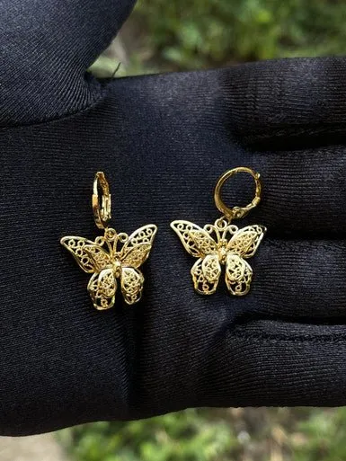 24k Gold Color Enchanted Dangling Butterfly Pair Earrings Jewelry