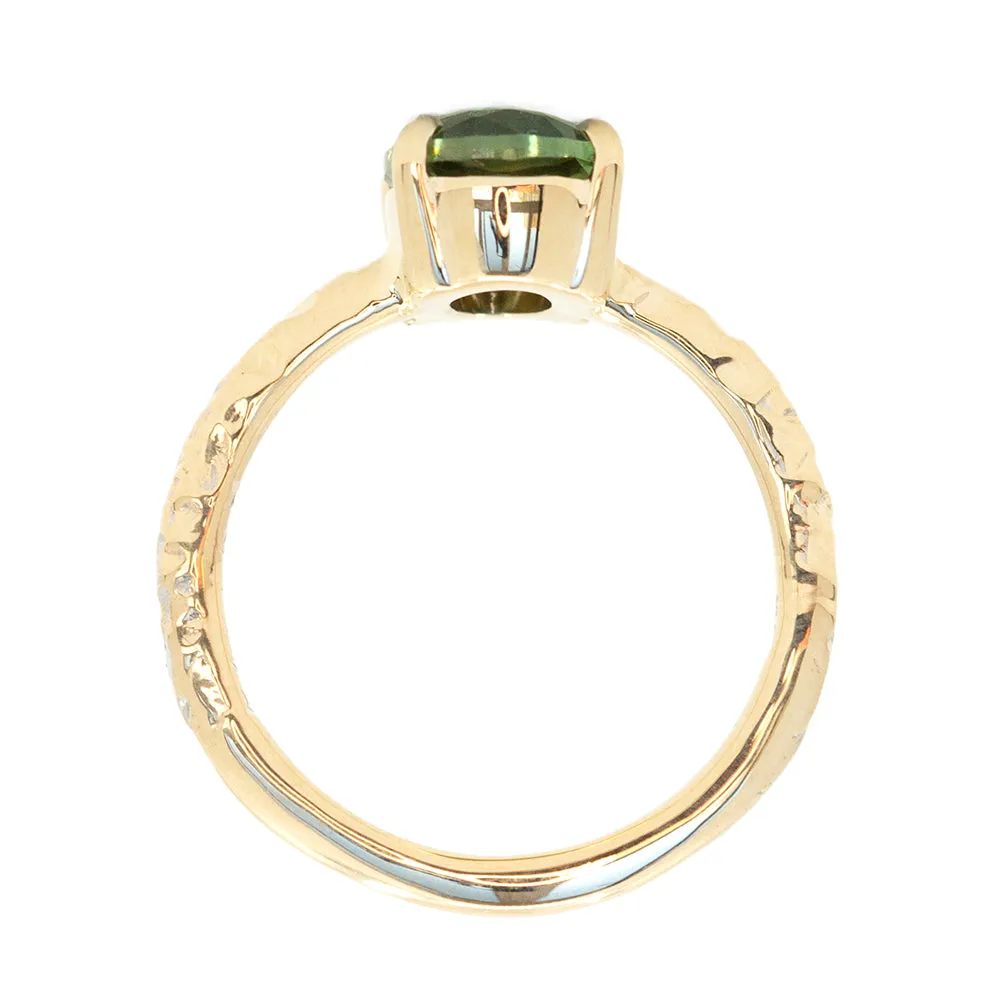 2.60ct Oval Green-Blue Color Shifting Sapphire Low Profile 4 Prong Evergreen Solitaire in 14k Yellow Gold