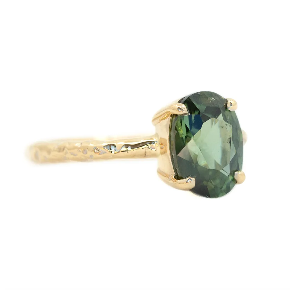 2.60ct Oval Green-Blue Color Shifting Sapphire Low Profile 4 Prong Evergreen Solitaire in 14k Yellow Gold