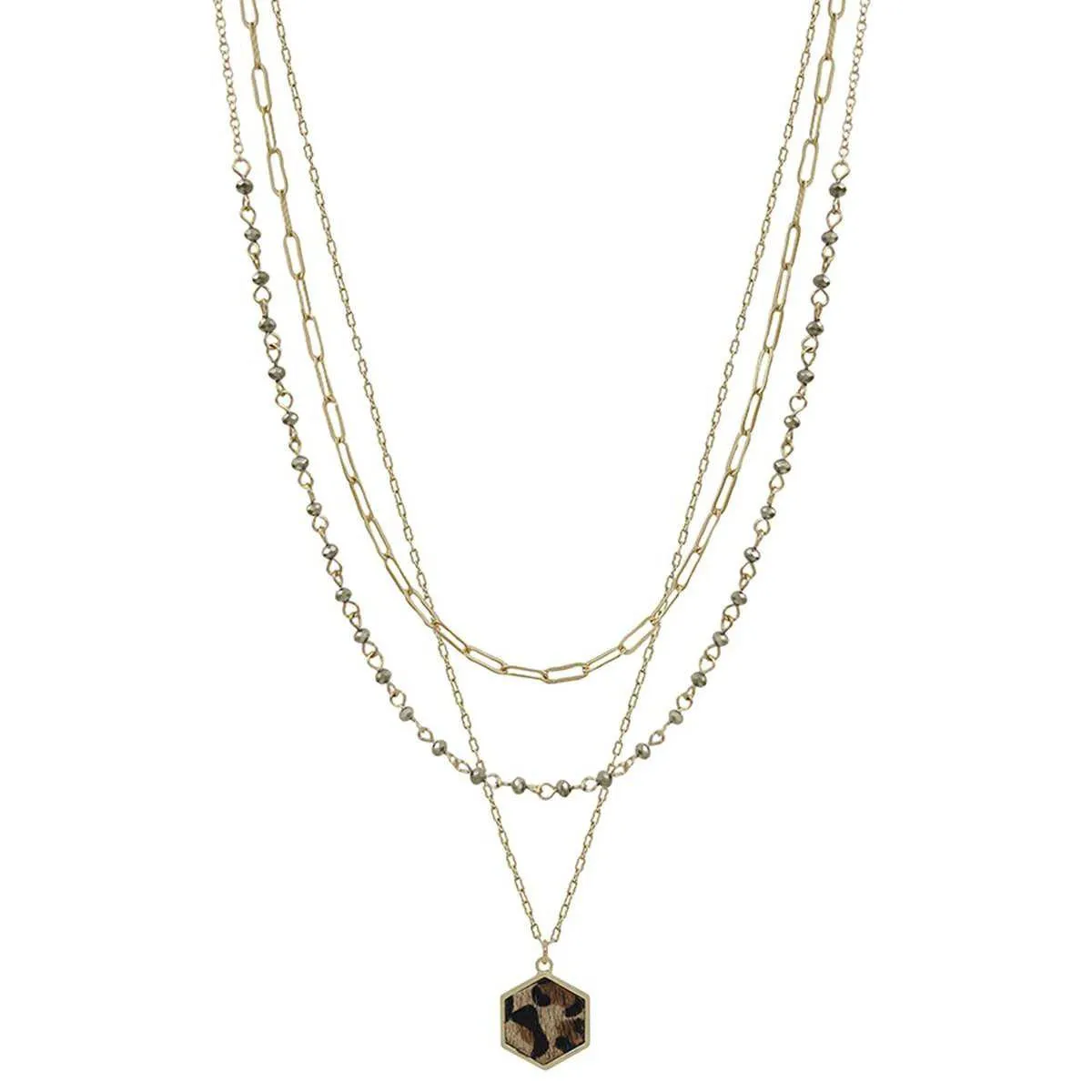 3 Layered Metal Crystal Bead Chain Hexagon Leopard Pendant Necklace