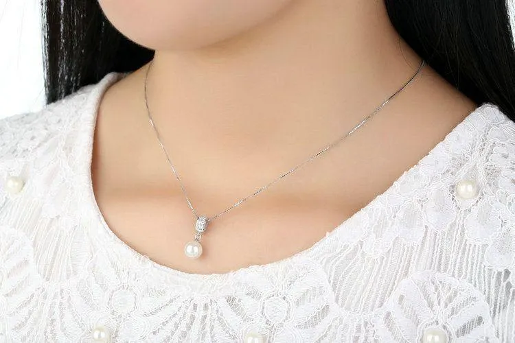 925 Sterling Silver Simulated White Pearl Necklace Charm Jewelry FB316