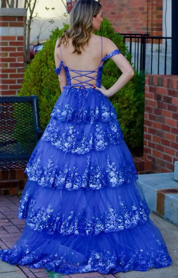 A-Line Cold Shoulder Light Blue Sequin Ruffle Tiered Prom Dress PC1307