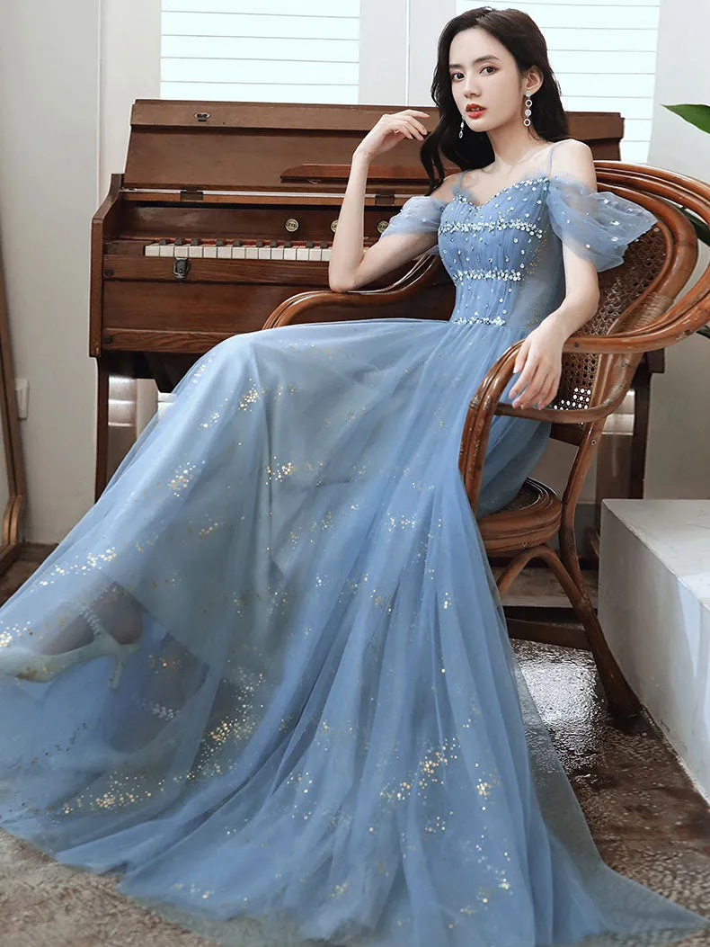 A line Off Shoulder Sequin Blue Long Prom Dress, Blue Long Party Evening Dresses