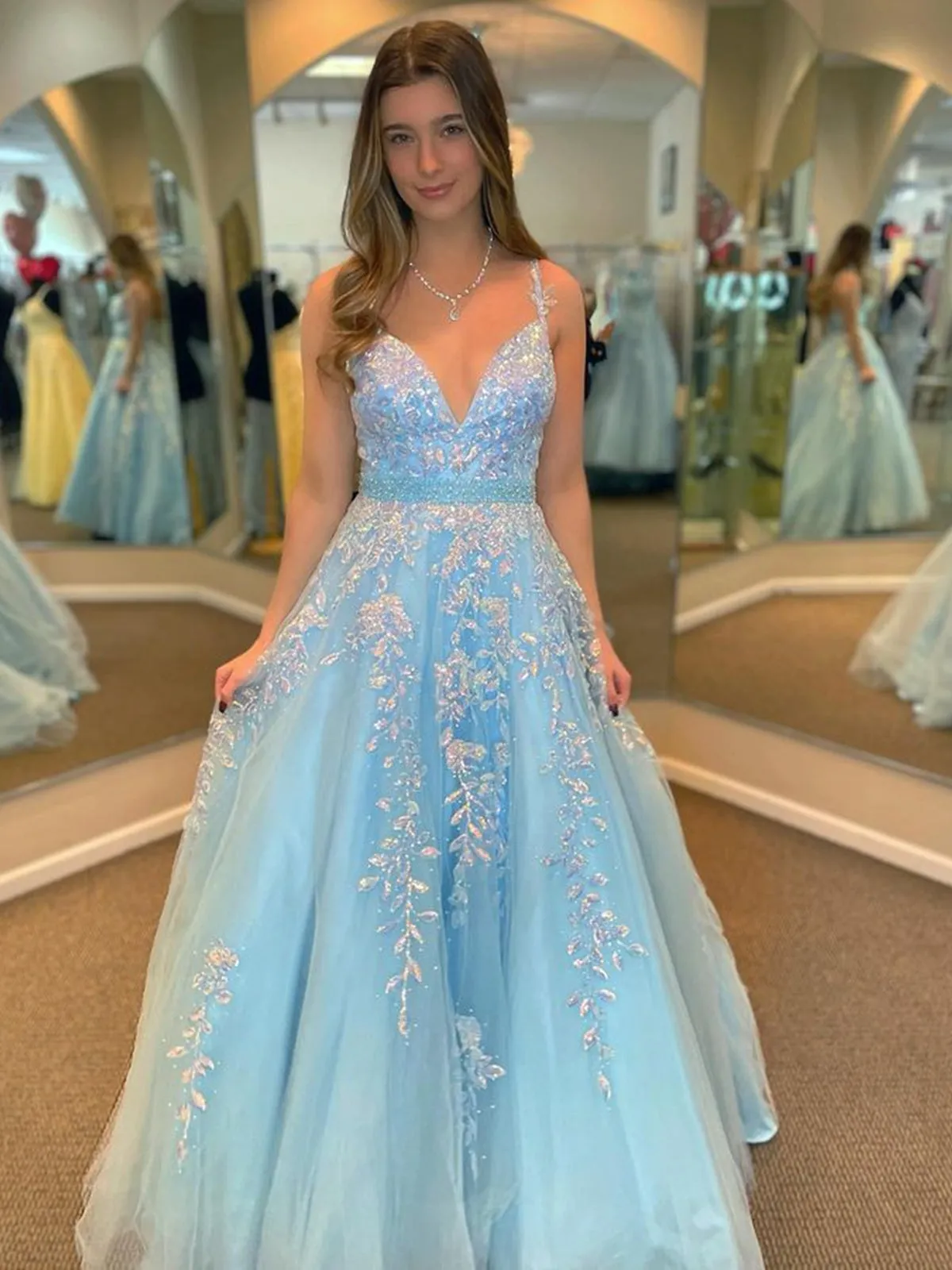 A Line V Neck Open Back Beaded Blue Lace Long Prom Dresses with Belt, Blue Lace Formal Dresses, Beaded Blue Evening Dresses SP2387