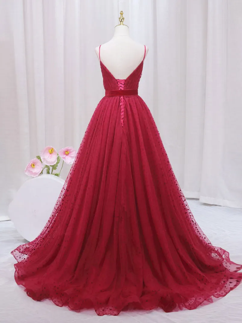 A-Line V Neck Tulle Burgundy Long Prom Dress, Burgundy Formal Dresses