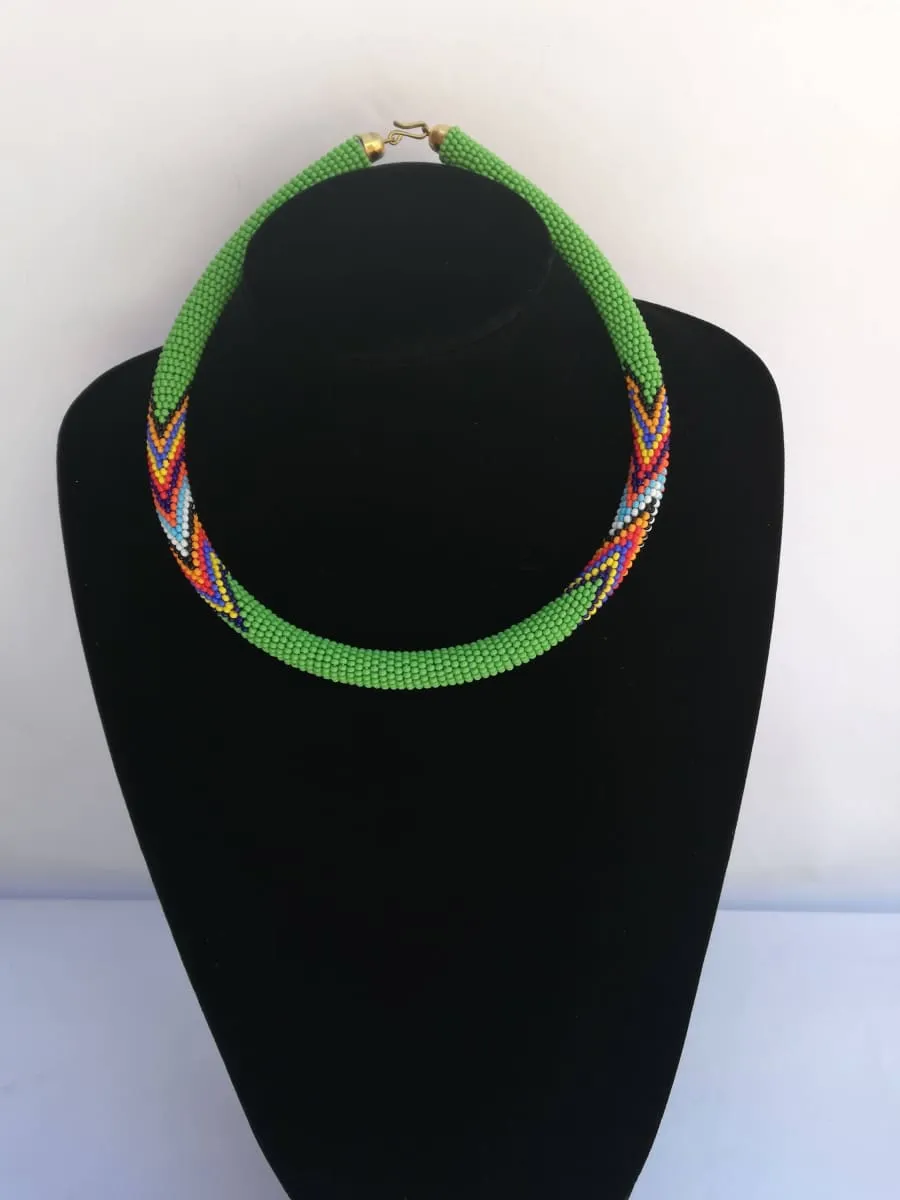 African Zulu beaded necklace, Tribal Green Beaded Necklace, Maasai jewelry