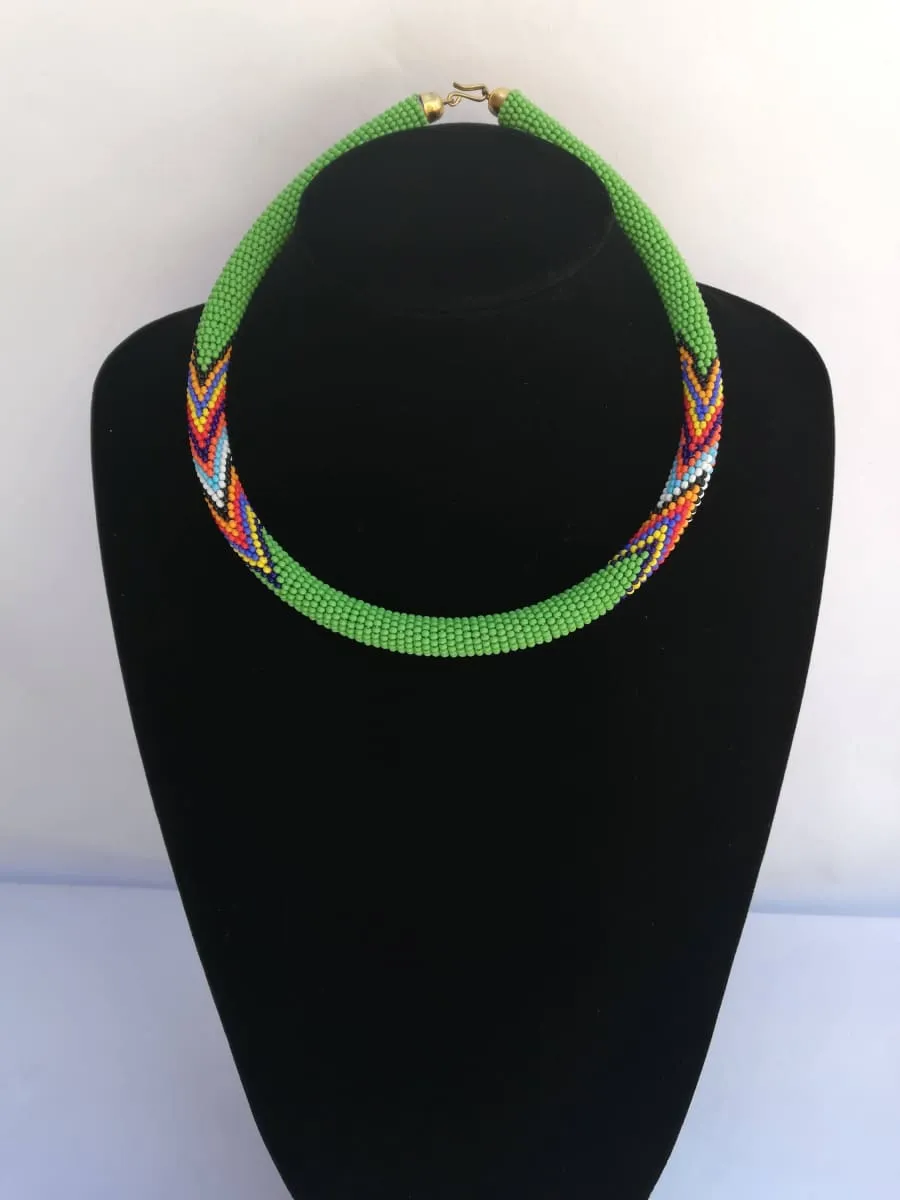 African Zulu beaded necklace, Tribal Green Beaded Necklace, Maasai jewelry