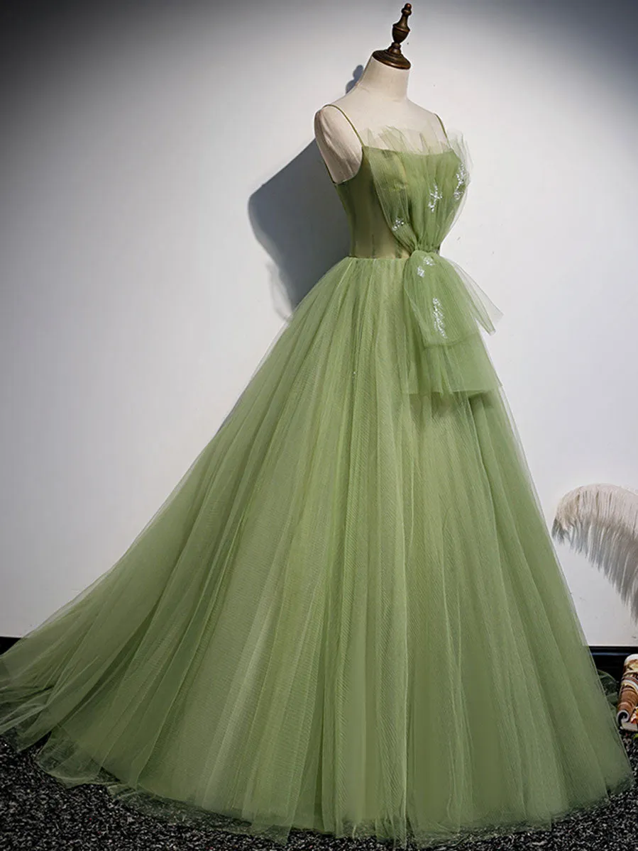 Aline Tulle Green Long Prom Dresses, Green Formal Graduation Dress with Beading