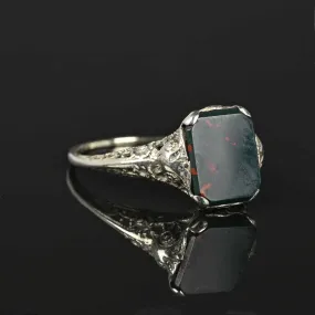 Art Deco 14K White Gold Filigree Bloodstone Ring