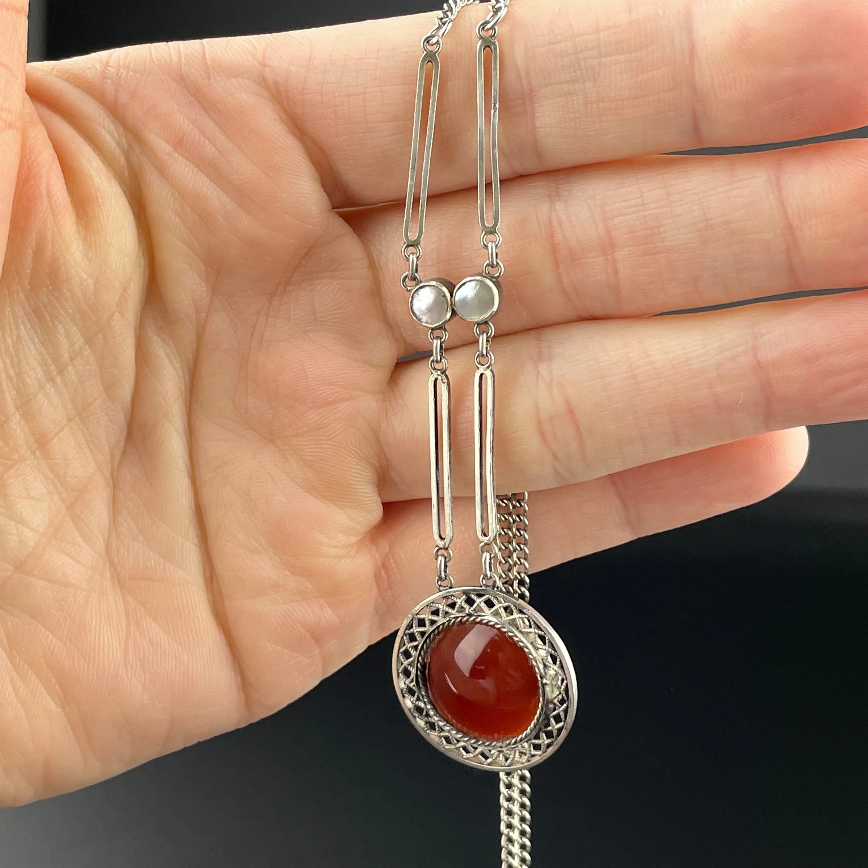 Art Deco Silver Filigree Carnelian Drop Pendant Necklace