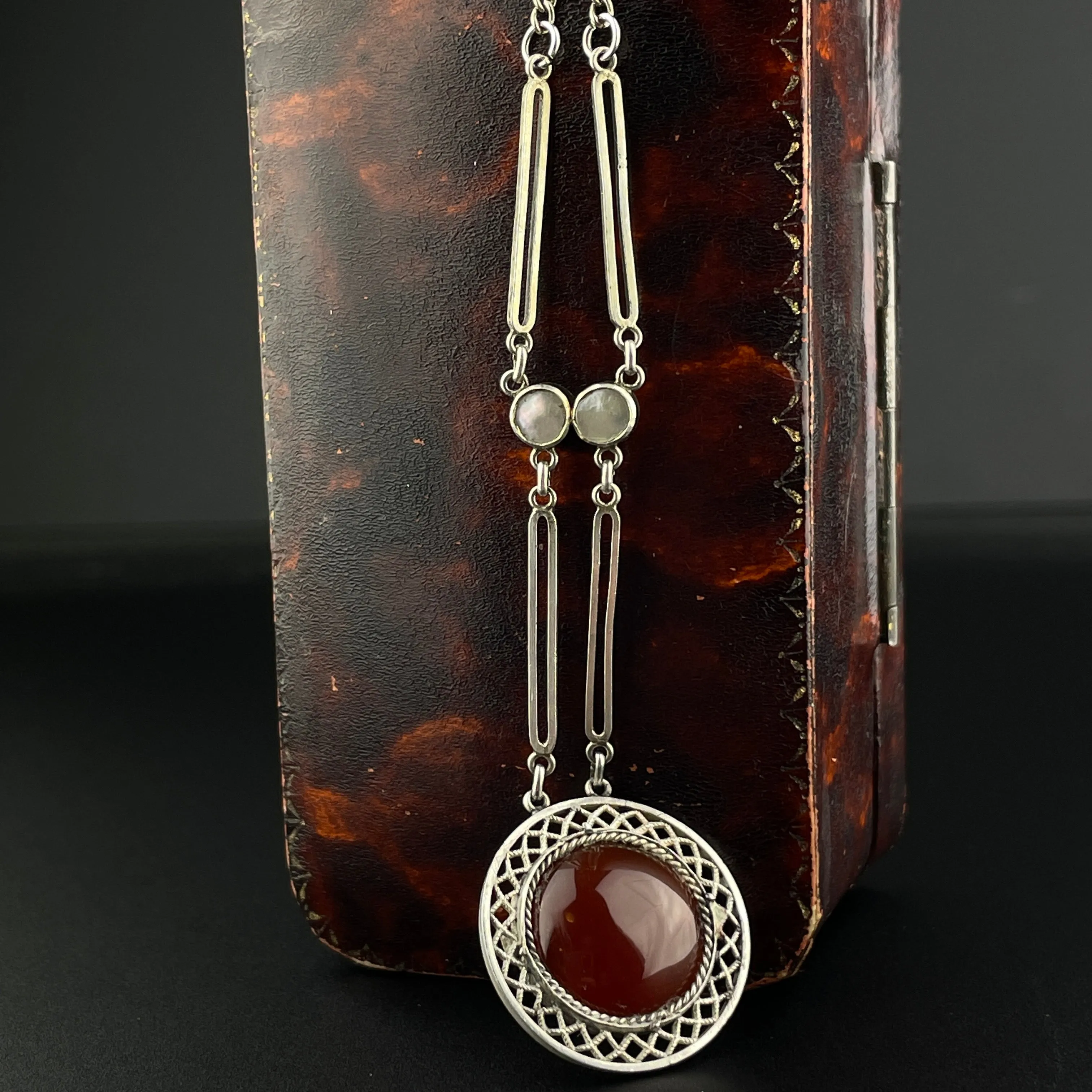 Art Deco Silver Filigree Carnelian Drop Pendant Necklace