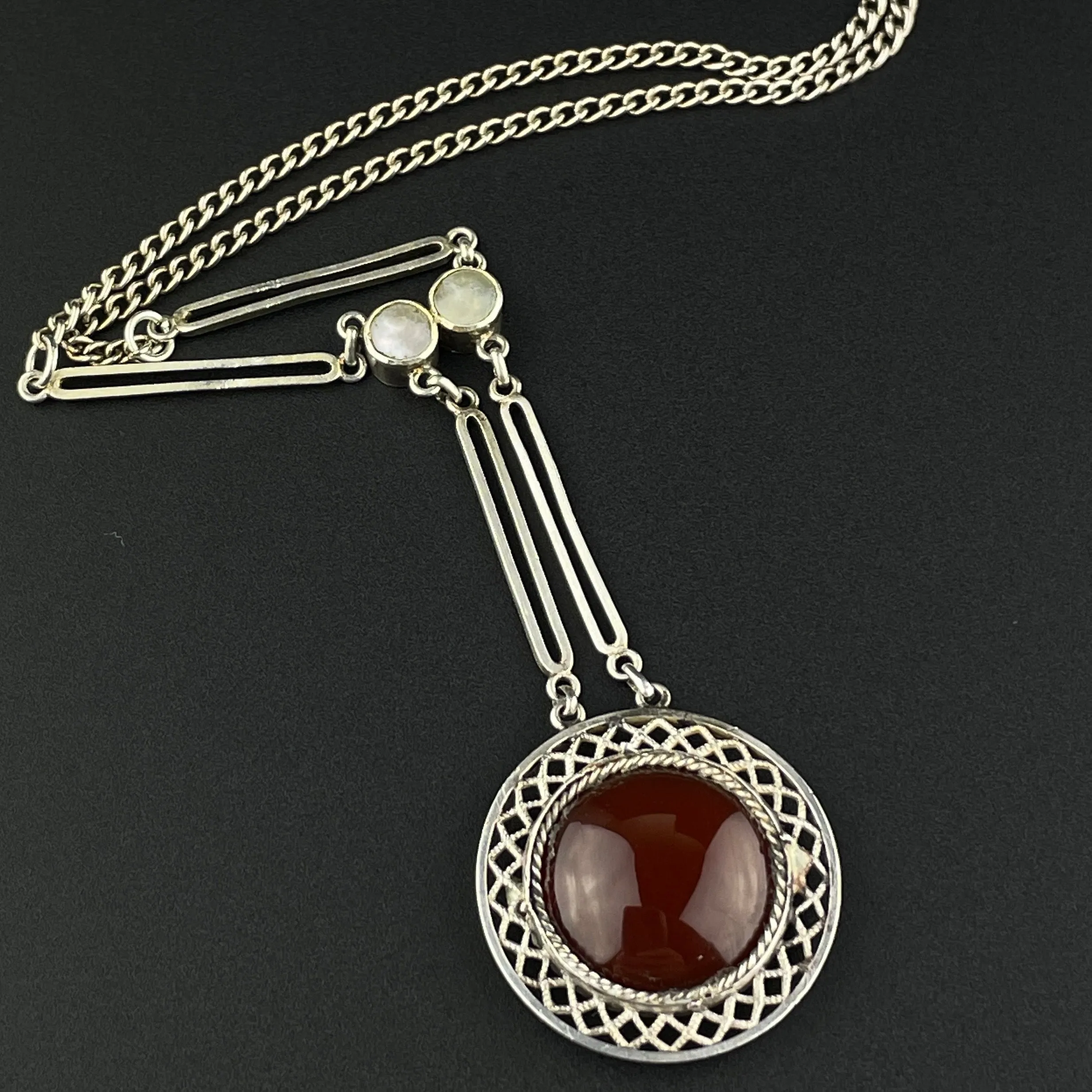 Art Deco Silver Filigree Carnelian Drop Pendant Necklace