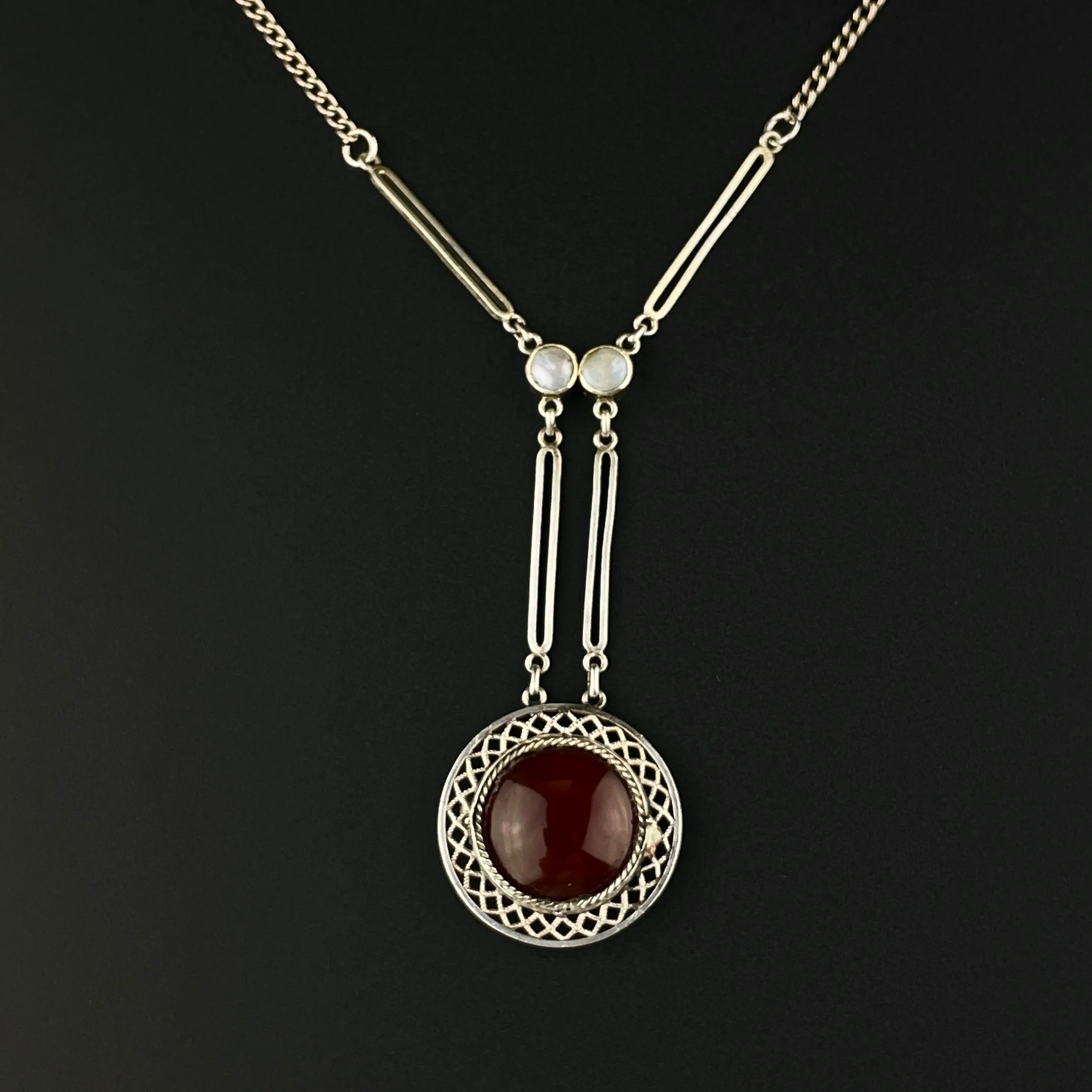 Art Deco Silver Filigree Carnelian Drop Pendant Necklace