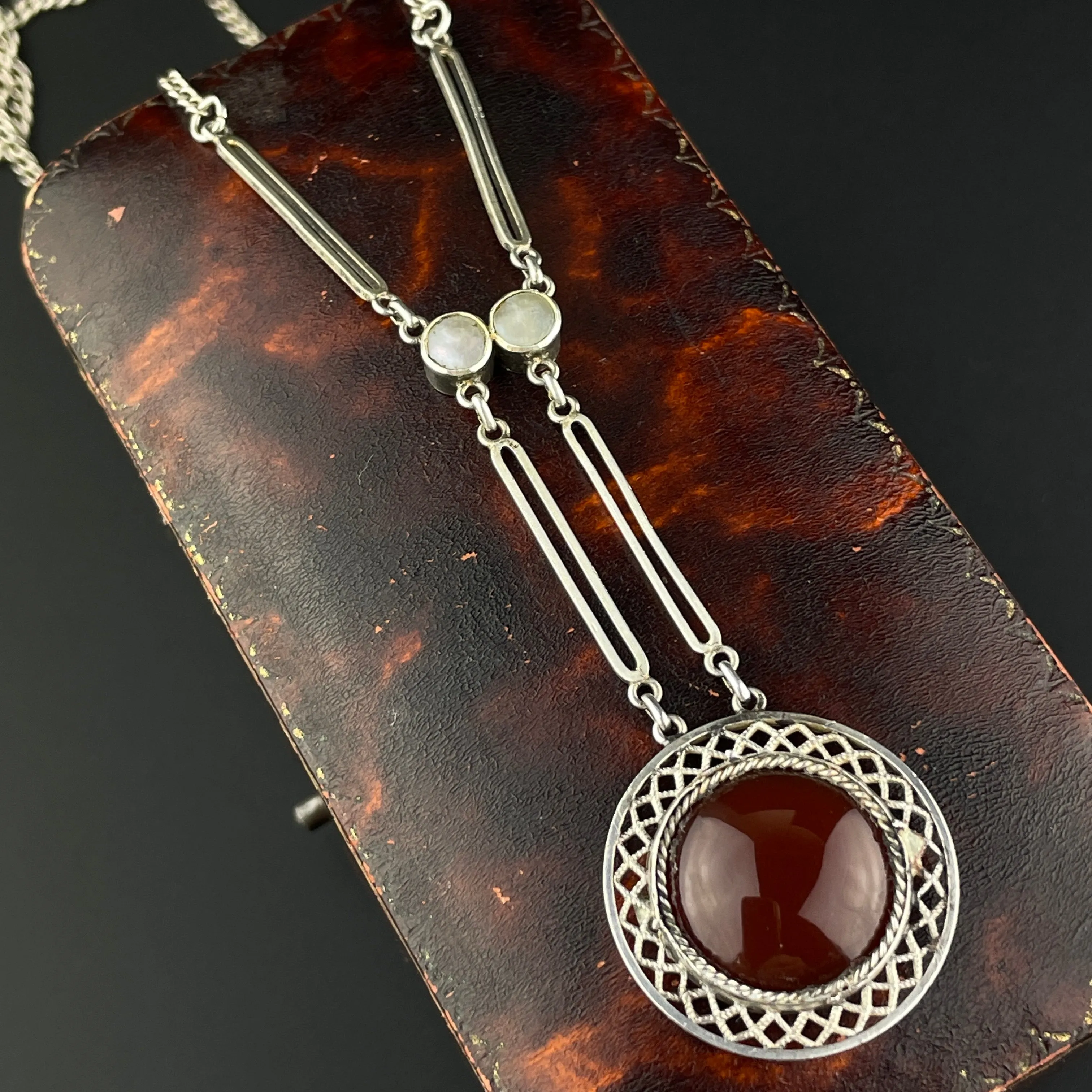 Art Deco Silver Filigree Carnelian Drop Pendant Necklace