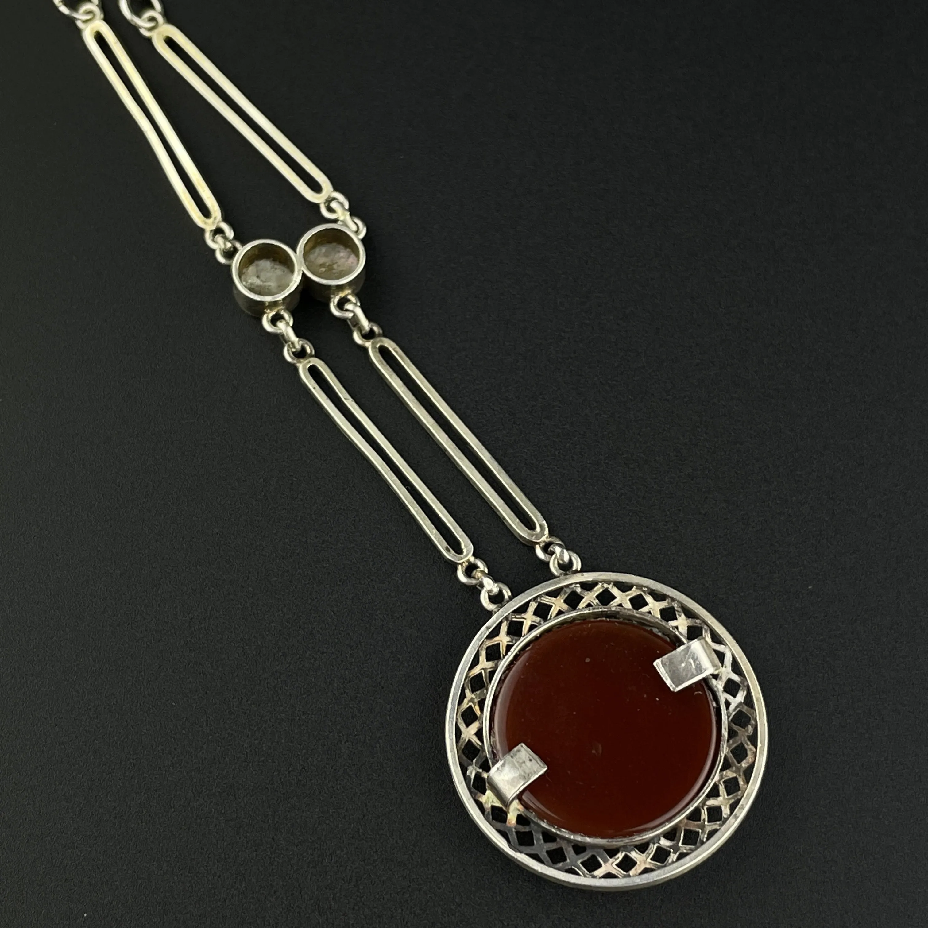 Art Deco Silver Filigree Carnelian Drop Pendant Necklace