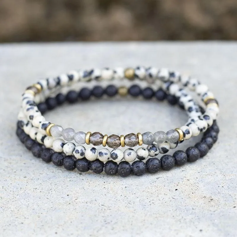 Balance and Grounding Dalmatian Jasper and Smoky Quartz Delicate Bracelet Stack