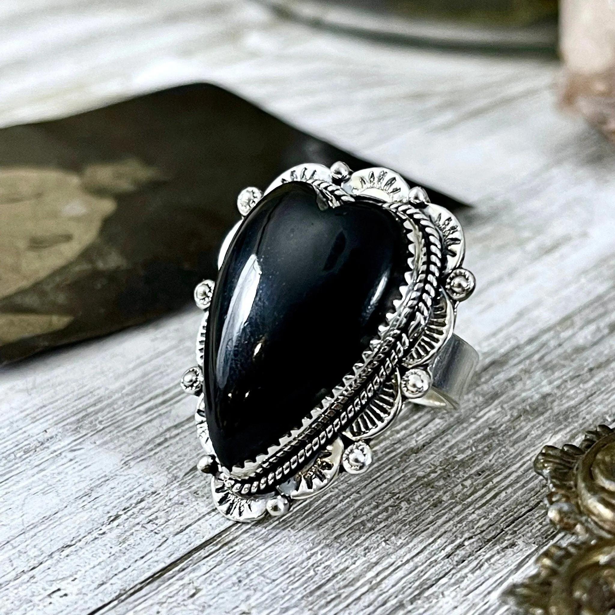 Black Onyx Heart Crystal Statement Ring in Sterling Silver- Designed by FOXLARK Collection Adjusts to size 6,7,8,9, or 10 / Gothic Jewelry